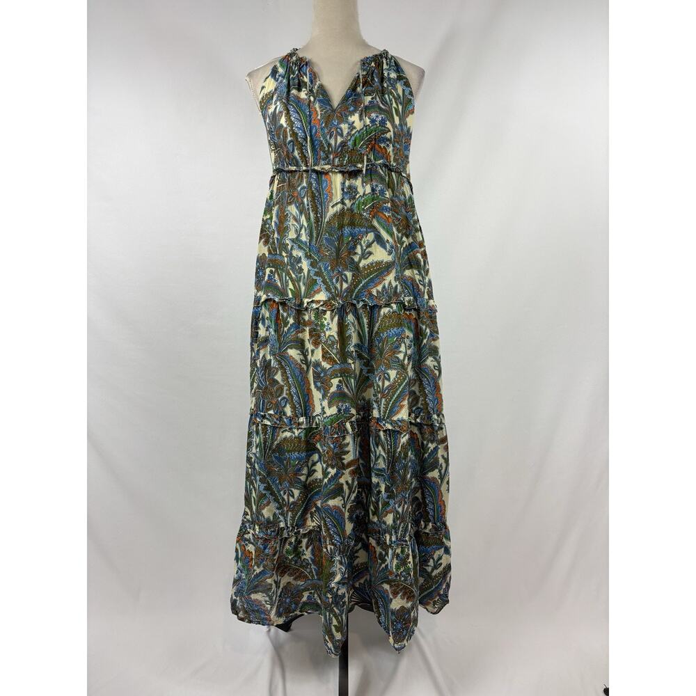 House of Harlow Maxi Dress Blue Orange Cream Floral Size XS Halter Neck Tiered